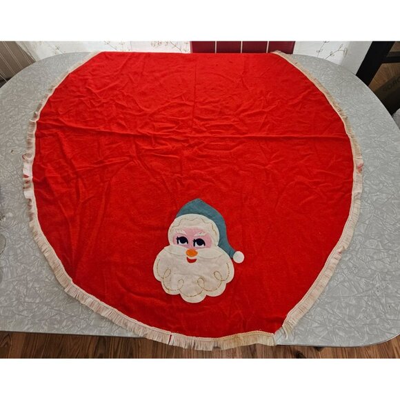 Handmade Other - 1970S Christmas Santa Claus Wool Tablecloth 37" gold glitter Trim vintage fringe